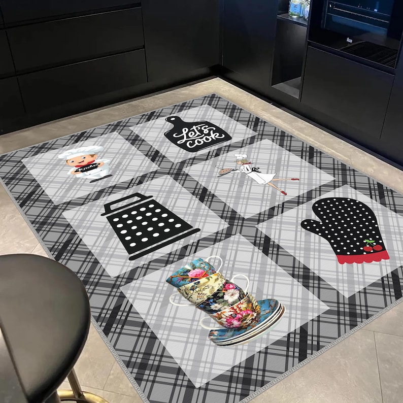 Gray Kitchen Rugs, Checkered Kitchen Rug, Washable Kitchen Rug, Modern ...