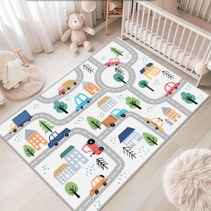 Tapis de chambre d'enfant dans la voiture, Tapis de salle de jeux avec motif routier, Tapis coloré pour chambre d'enfant sur la route, Tapis de bébé doux et antidérapant, Tapis éducatif amusant pour la chambre d'enfant