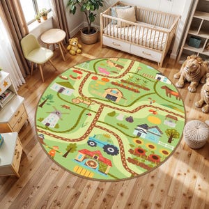 Bauernhaus-Muster Kinderteppich, Bauernhoftiere Spielzimmer Matte, Traktor Scheune Runder Kinderteppich, weicher, langlebiger runder Kinderteppich zum Thema Bauernhof, grüner Babyteppich
