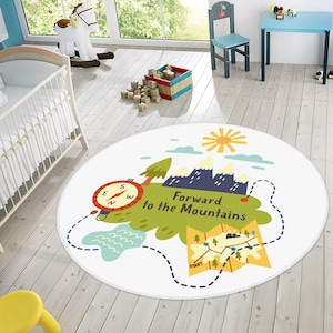 Tapis pour enfants à motifs de montagnes, tapis d'aventure rond pour enfants avec boussole et design montagne, tapis doux et antidérapant pour chambre d'enfants ou salle de jeux