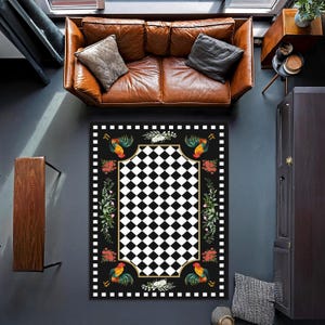 Checkered Area Rug, Black Hen Way Rug, Rooster Non-slip Rug, Rustic ...
