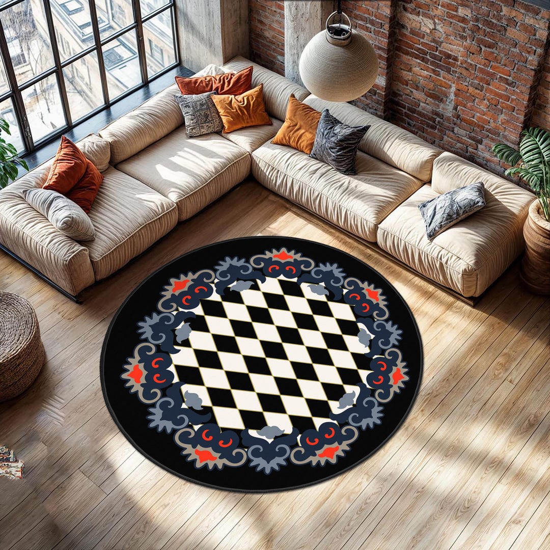Checkers Carpet, Black White Checkers Circular Rug, Bold Red Blue ...