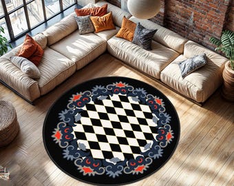 Tapete xadrez, tapete circular xadrez preto e branco, tapetes para sala de estar com borda floral vermelha e azul vibrante