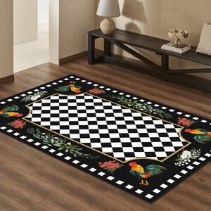 Checkered Area Rug, Black Hen Way Rug, Rooster Non-slip Rug, Rustic ...