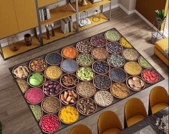 Alfombra de cocina, antideslizante, con diseño de cuencos de especias de colores, con estampado de comida en 3D, para comedor y con temática culinaria.