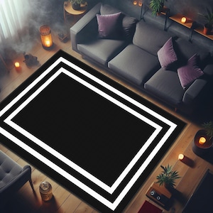Könnte beinhalten: Schwarz-weißer Teppich mit doppeltem Rand. Der Teppich hat ein modernes Design mit einem schlichten, klaren Look.