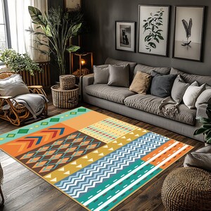 May include: A rectangular area rug featuring a patchwork design of geometric patterns including diamonds, chevrons, zigzags, and stripes in a vibrant color palette of orange, teal, yellow, and brown, covering the floor in a living room space.