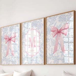 Custom Initial Print, | Blue Floral Pink Bows Wall Art, Personalised Nursery Decor, Custom Dorm Decor Printables (Digital Download)