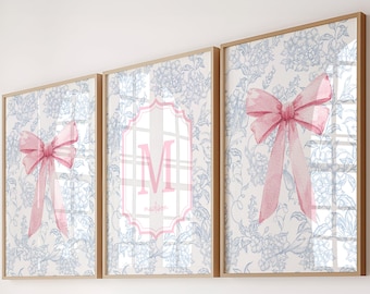 Custom Initial Print, | Blue Floral Pink Bows Wall Art, Personalised Nursery Decor, Custom Dorm Decor Printables (Digital Download)