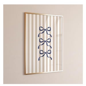 Blue Bow Print Navy Bows on Beige Stripe Wall Art Poster Preppy Girly Room Decor Coquette Bows Wall Art College Dorm Apartment Decor