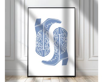Blue Cowgirl Boots Wall Art Print Coastal Cowgirl College Dorm Decor Western Girly Poster Trendy Girl Teen Room Decor Digital Download