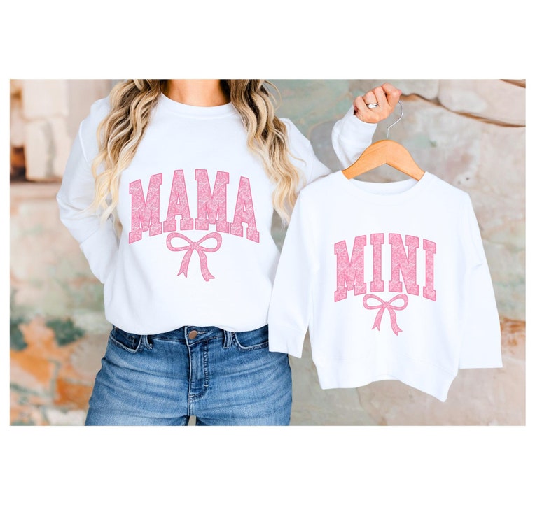 Valentines Day Mama and Mini Pink LACE Png Bundle.  Varsity font with pink lace coquette style bow underneath.  Matching Mommy and Me shirt design.