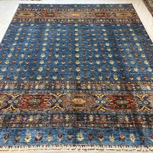 Alfombra tribal Khurjeen azul de 8 x 10 pulgadas, anudada a mano. Alfombra oriental de lana hecha a mano para sala de estar y dormitorio.