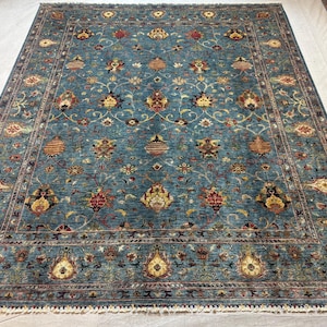 Alfombra afgana azul anudada a mano de 8 x 10 pulgadas - Alfombra oriental de lana hecha a mano con diseño Sultani para dormitorio y sala de estar