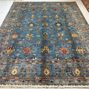 Alfombra Sultani afgana azul de 8 x 10 pulgadas, hecha a mano. Alfombra oriental de lana anudada a mano para sala de estar y dormitorio.
