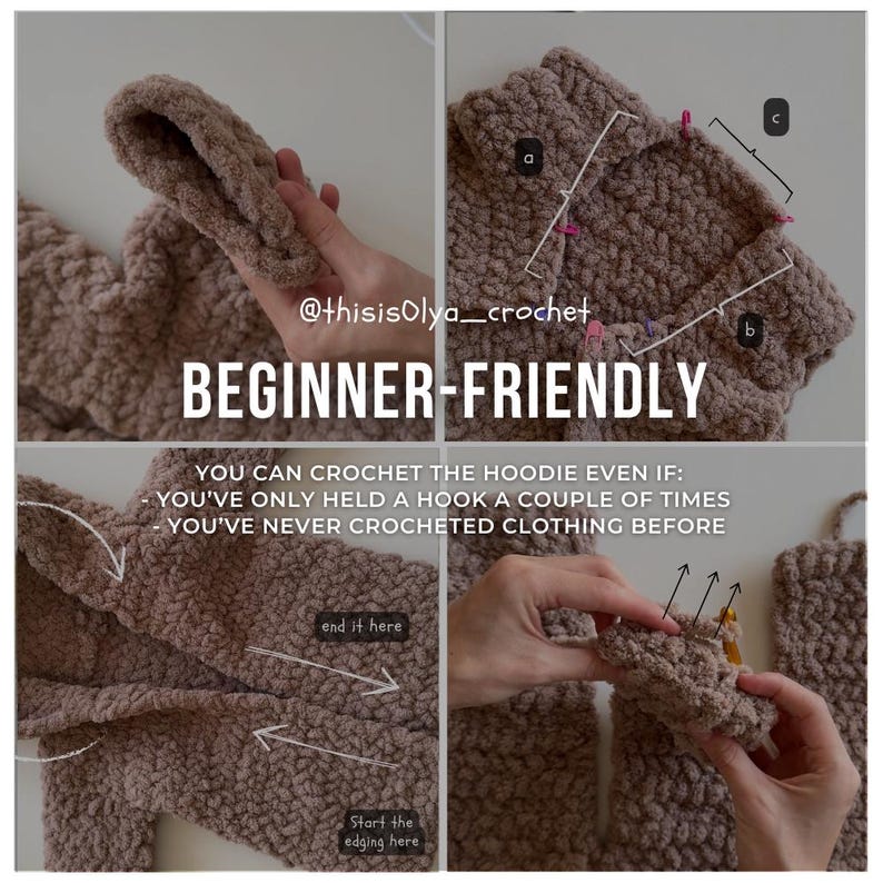 May include: A close-up of a brown crocheted hoodie with instructions on how to crochet it. The text reads "@thisisolya_crochet BEGINNER-FRIENDLY YOU CAN CROCHET THE HOODIE EVEN IF: YOU'VE ONLY HELD A HOOK A COUPLE OF TIMES YOU'VE NEVER CROCHETED CLOTHING BEFORE".
