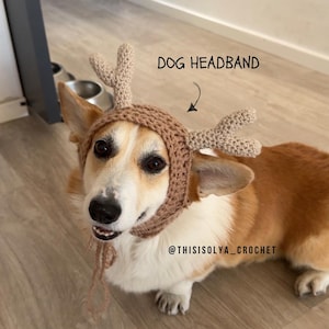 May include: A corgi dog wearing a crocheted brown reindeer headband with antlers. The headband is secured with a tie under the chin. The text "DOG HEADBAND" is written above the dog's head. The Etsy shop name "@THISISOLYA_CROCHET" is written below the dog.