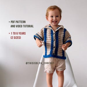 May include: A beige and blue crochet shirt with a collar and button closure. The shirt has blue vertical stripes and is worn by a child. Text on the image reads "PDF PATTERN AND VIDEO TUTORIAL" and "1 TO 6 YEARS (2 SIZES)". The Instagram handle @THISISOLYA_CROCHET is also visible.
