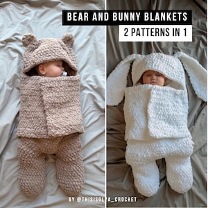 May include: Two baby blankets, one brown and one white, each designed to resemble an animal. The brown blanket is shaped like a bear, with a hood featuring ears. The white blanket is shaped like a bunny, with long ears. The text reads "Bear and Bunny Blankets 2 Patterns in 1".
