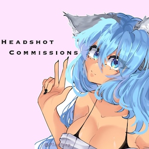 Puede incluir: Una ilustración digital de un personaje de anime de pelo azul con orejas de lobo, que lleva un top negro y una camisa blanca. El texto "HEADSHOT COMMISSIONS" está en la esquina superior izquierda de la imagen. El personaje está haciendo un signo de paz con su mano derecha.