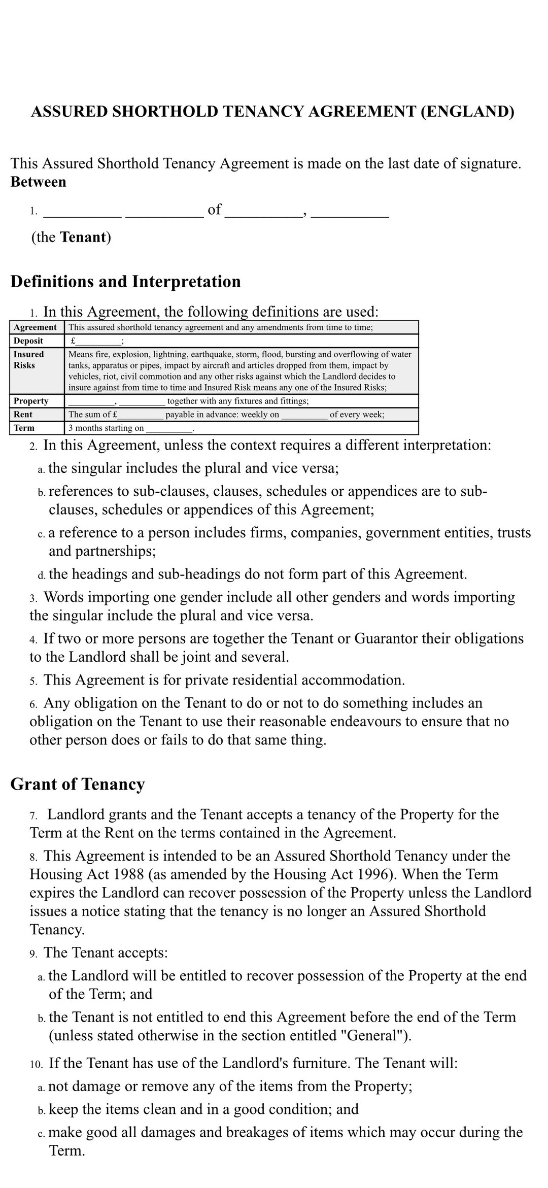 3 Month Tenancy Agreement UK AST Etsy UK