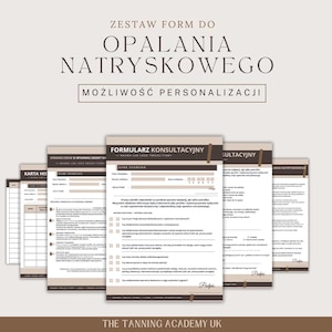 Może przedstawiać: Zestaw formularzy konsultacyjnych do opalania natryskowego, z tekstem "Zestaw Form Do Opalania Natryskowego" i "Możliwość Personalizacji". Formularze zawierają sekcje na dane osobowe i zgodę, z napisem "The Tanning Academy UK".