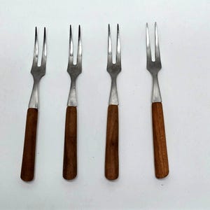 Party Forks Hors d&#39;oeuvre Stainless Steel Cherry Wood Handles Set 4 RARE Japan
