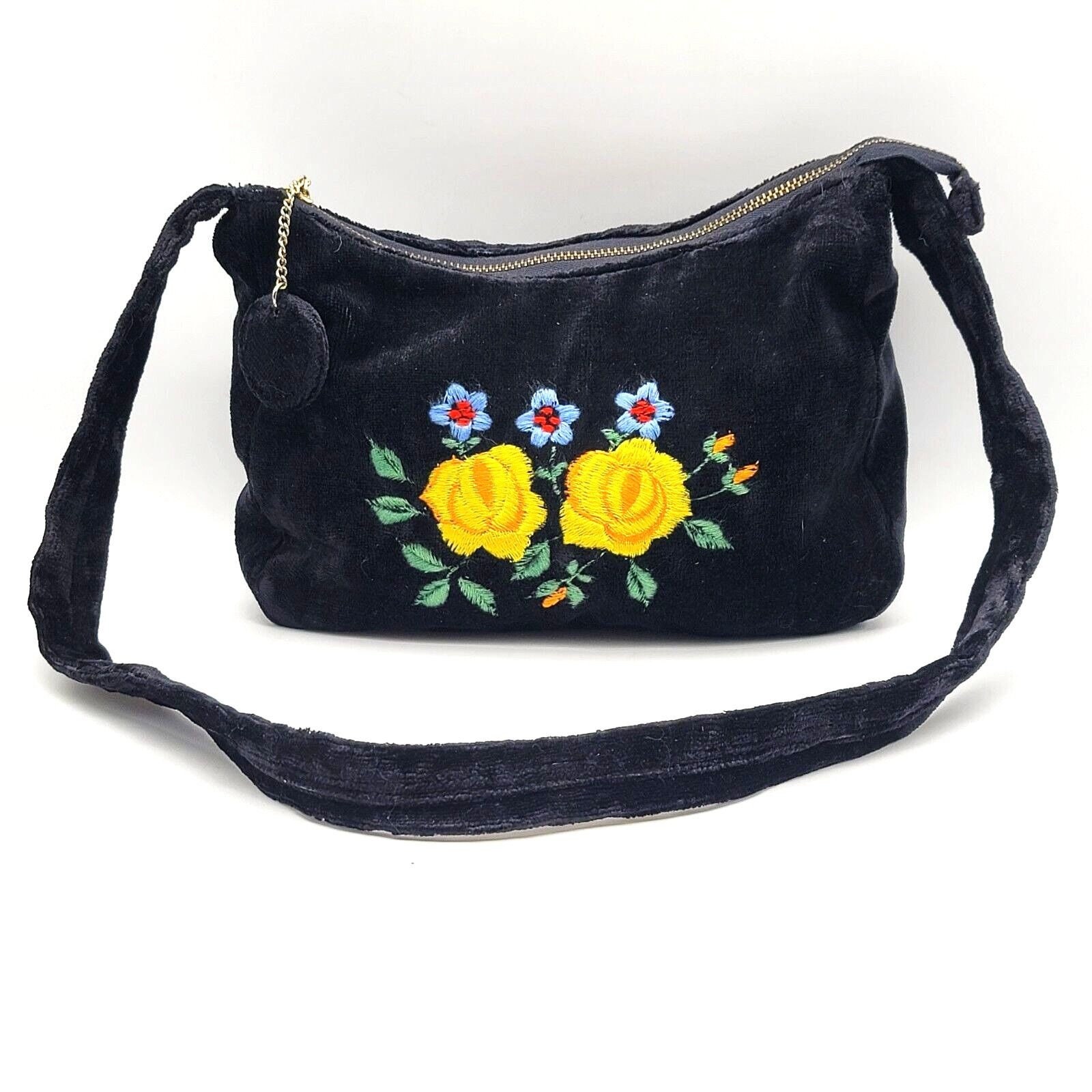 Womens Shoulder Handbag Purse Corduroy Black Velvet Floral