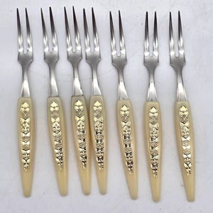 7 Little Appetizer Cocktail Forks Picks Stainless Steel Ivory Color MCM Retro Japan VTG