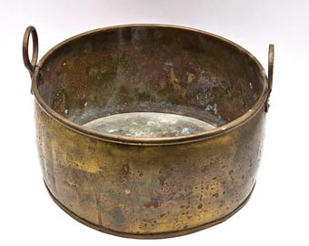 Vintage/Antique Brass Cooking Pot Planter Hand Riveted Handles Patina Decor