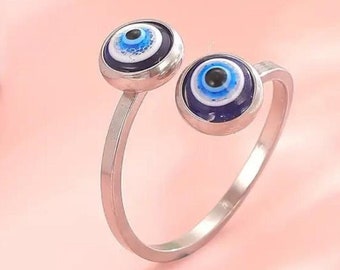 Evil Eye Bypass Ring Turkish Blue Eye Stacking Ring Sterling Silver Friendship Jewelry Trendy Best Friend Gift Adjustable Ring Daily Wear