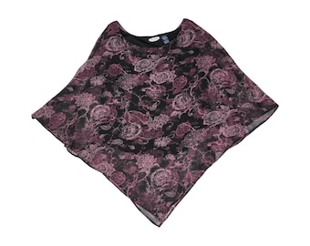 VTG Y2K Zoey Beth 1X Poncho floreale con scialle, blusa trasparente nera e rosa con motivi floreali