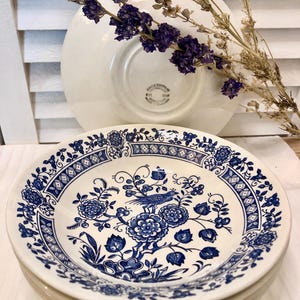 Può includere: Una pila di piatti in ceramica bianca con un motivo floreale e di uccelli blu. I piatti hanno un bordo decorativo. Fiori viola secchi e un piatto bianco sullo sfondo.