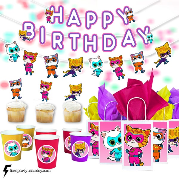 Super Kitties Birthday Party Supplies | Kitty Event Decoration | Birthday Celebration Cake Topper Kitty Banner and Stickers cup cake topper