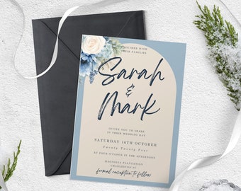 Blue Floral Wedding | Romantic Wedding Invites | Printable Invite | Simple Wedding Invitation Template | Indigo Flowers Invite | Edit