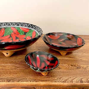 Vintage Mexican Ceramic Pottery Footed Bowls Set - Hand Painted Red Chili Pepper Design - Large, Medium, Small