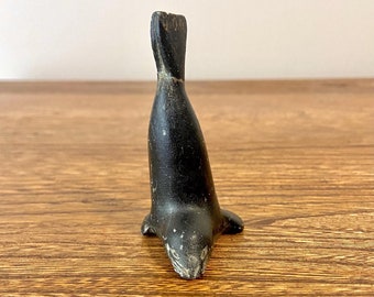 Vintage Inuit Soapstone Seal Carving | Signed and Numbered | 3&quot;H x 2&quot;W | Repaired Tail and Chipped Flipper