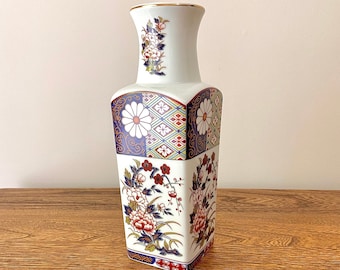 Vintage Imari Ware Porcelain Vase - 10" - Blue, White, Gold, Signed, Chrysanthemum Design, Japan