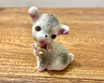 Vintage 1950s Spaghetti Sugar Puppy Dog Figurine, Porcelain, Grey White Pink, Baby Lamb, Made in Japan, Mid Century Kitsch