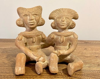 Mayan Couple Clay Figure, Handmade in Mexico, Folk Aztec Inca Art Pottery Statue, Terra Cotta 6.5 inch