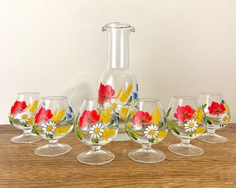 Set di 6 bicchieri da brandy con decanter e bicchieri da brandy vintage dipinti a mano con fiori, motivo papavero, margherita e grano, papavero rosso, tema ucraino