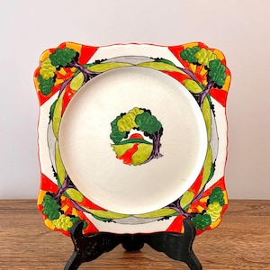 Prato quadrado vintage Royal Winton Grimwades com padrão de pôr do sol da Inglaterra de 9 polegadas, Art Déco, por volta de 1930, raro prato de servir laranja e verde pintado à mão