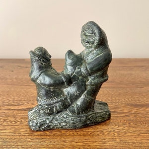 Vintage A Wolf Original Soapstone Carving, Signed WE, Inuit Couple