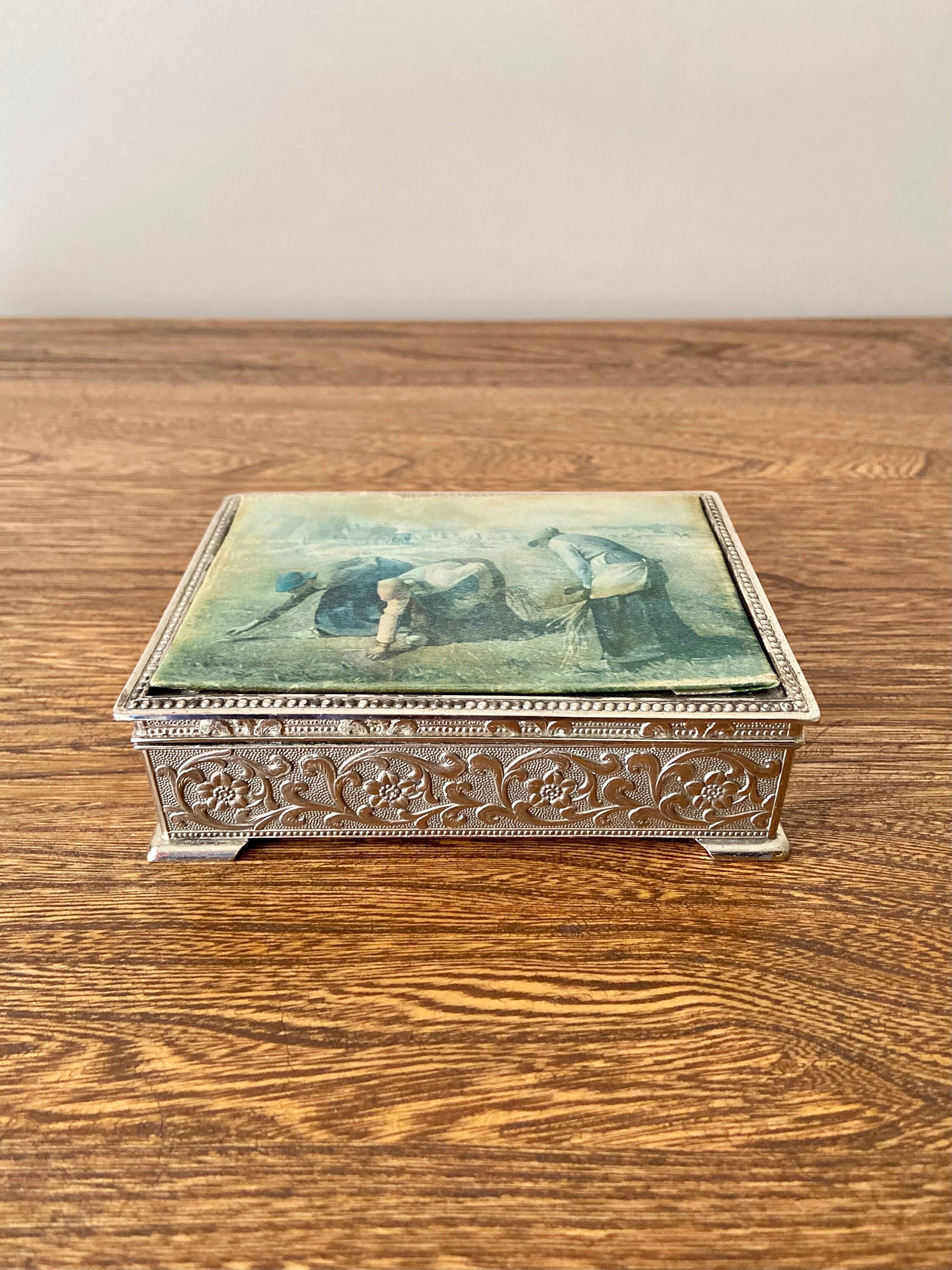 Vintage Silk Top Trinket Box, the Gleaners Japanese Metal Jewelry Box, Made in Japan, Storage or Cigarette Holder - Etsy Vintage Silk Top Trinket Box, the Gleaners Japanese Metal Jewelry Box, Made in Japan, Storage or Cigarette Holder - Etsy