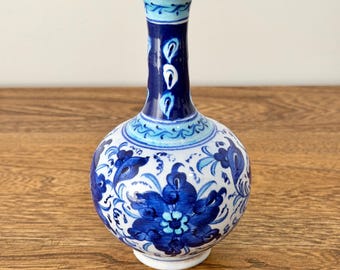 Vintage Turkish Kutahya Vase Hand Painted Blue and White Pottery, Iznik Floral Design Signed Ceramic Bottle Bud Vase, Turkey, New Home Gift