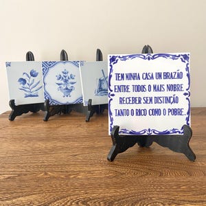Vintage portugiesische Fliese (Sacavém), blau-weiße Keramikwandkunst, 15 cm, Zitat Dekor, hergestellt in Portugal, Cottagecore-Dekor, Housewarminggeschenk