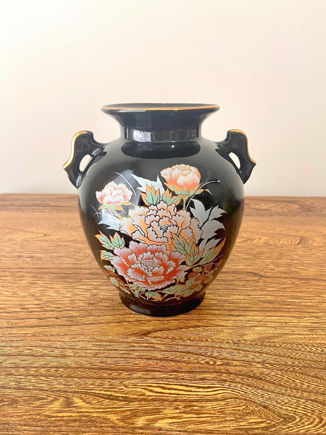 Vintage Imperial Japanese Black Porcelain Vase - Peony Floral