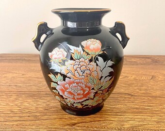 Vintage Imperial Japanese Black Porcelain Vase - Peony Floral