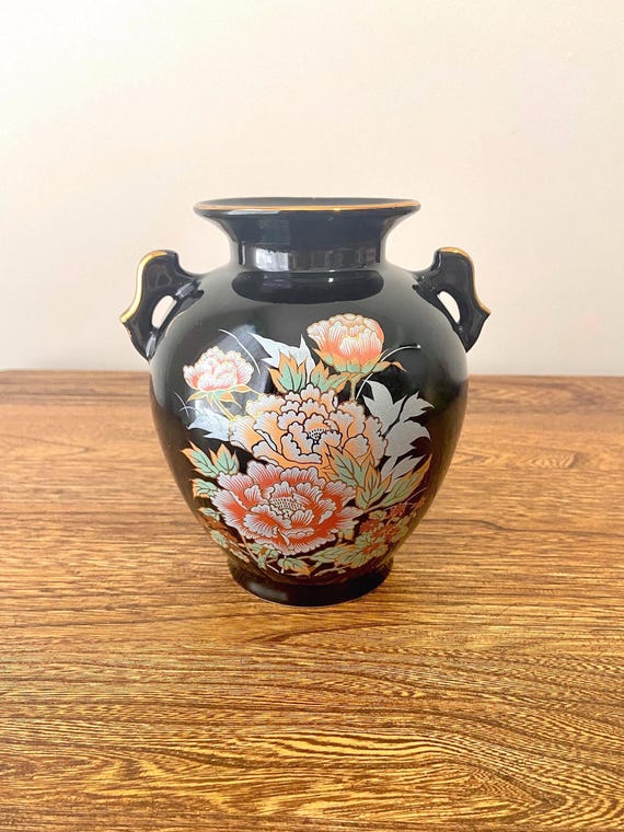 Vintage Imperial Japanese Black Porcelain Vase - Peony Floral
