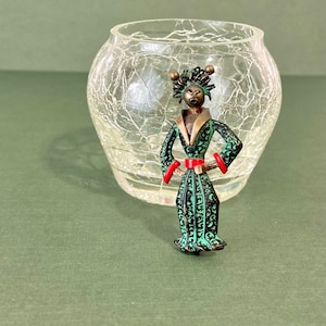 Rare Vintage Geisha Brooch Pin - Woman in Green Dress, Enamel Metal, 2” Height, Unique Collectible